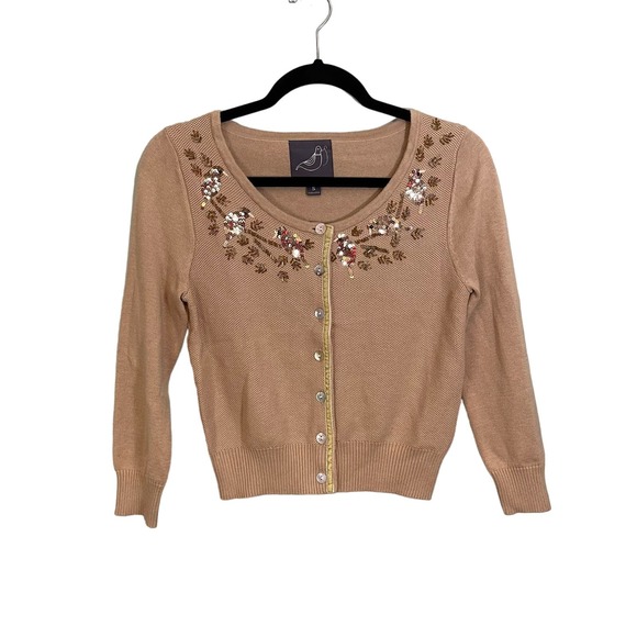 Knitted Dove Tan Sequin Embellished Long Sleeve Button Up Cardigan Sweater Small - Picture 1 of 9